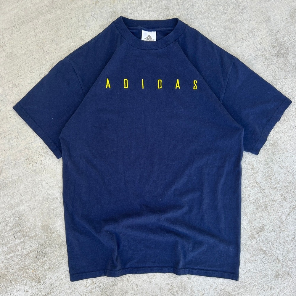Adidas Vintage 90s T-Shirt Navy Blue Yellow Spellout Embroidered XL Mens - Picture 2 of 6